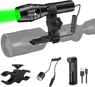 WINDFIRE Green Light LED Flashlight Super Bright Zoomable Waterproof Outdoor Tactical Hunting Flashlight Set with Pressure Switch, Picatiny Mount for Hog Coyote Varmint Hunter
