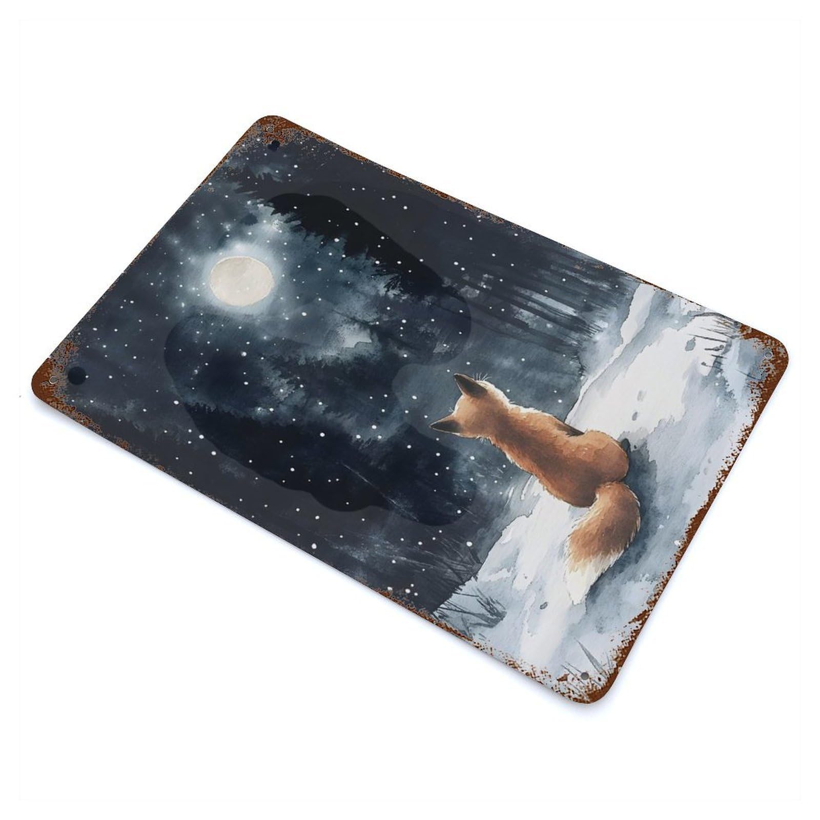 Rust Effect Fox Under The Moonlight Rusty Metal Tin Sign 11.8"x7.9", Farmhouse Wall Decor for Shed, Workshop And Garage Wall Decor
