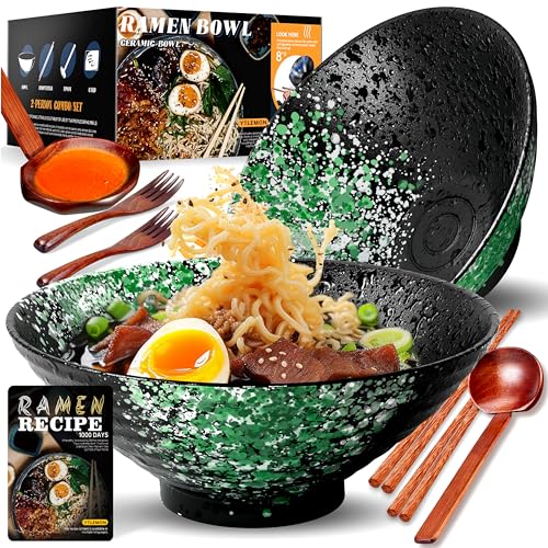 8 Pulgadas Grandes Juego De 2 Tazones De Cerámica Para Ramen De(9 Piezas) - Para Lavavajillas Tazones De Porcelana Para Ensaladas Fideos Cereales Con Recetas Palillos Tenedores Y Cucharas Para Apto