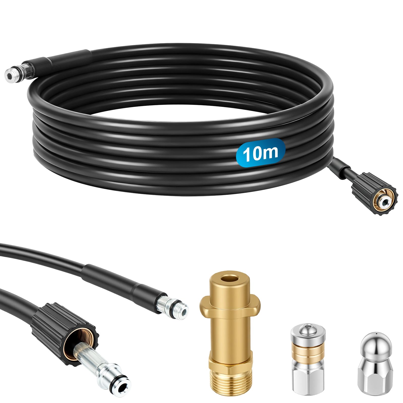 Manguera Limpieza Tuberías 10M 180 Bar,con Boquilla Fija y Boquilla Giratoria,Kit Limpiezas de Tubería,Compatible con Manguera de Limpieza de Tubería de Las Serie Kärcher K2,K3,K4,K5,K6 K7