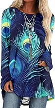 Women's Boho Floral Peacock Print Long Sleeve Crew Neck Casual Pullover Tunic Tops