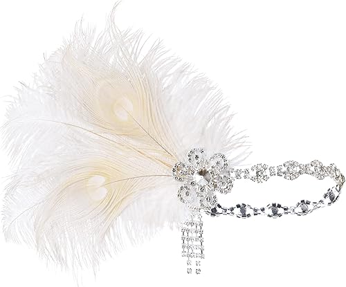 Miniatura 5 de BABEYOND - Diadema clásica estilo flapper de 1920 los locos años 20 Gran Gatsby banda con pluma de pavo real para el cabello