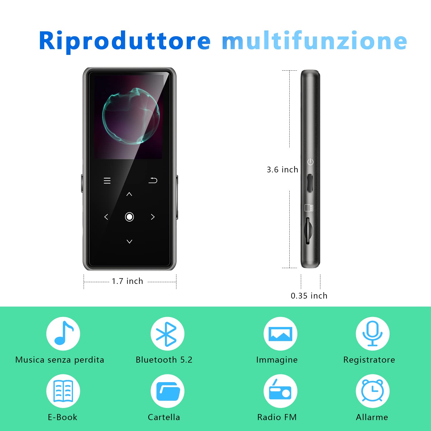 64GB Lettore MP3 con Bluetooth 5.2, AiMoonsa Lettore Musicale con Altoparlante HD Integrato, radio FM, Registratore Vocale, Suono HiFi, Peso 0,15 lb, Funzione E-book, Auricolari Inclusi