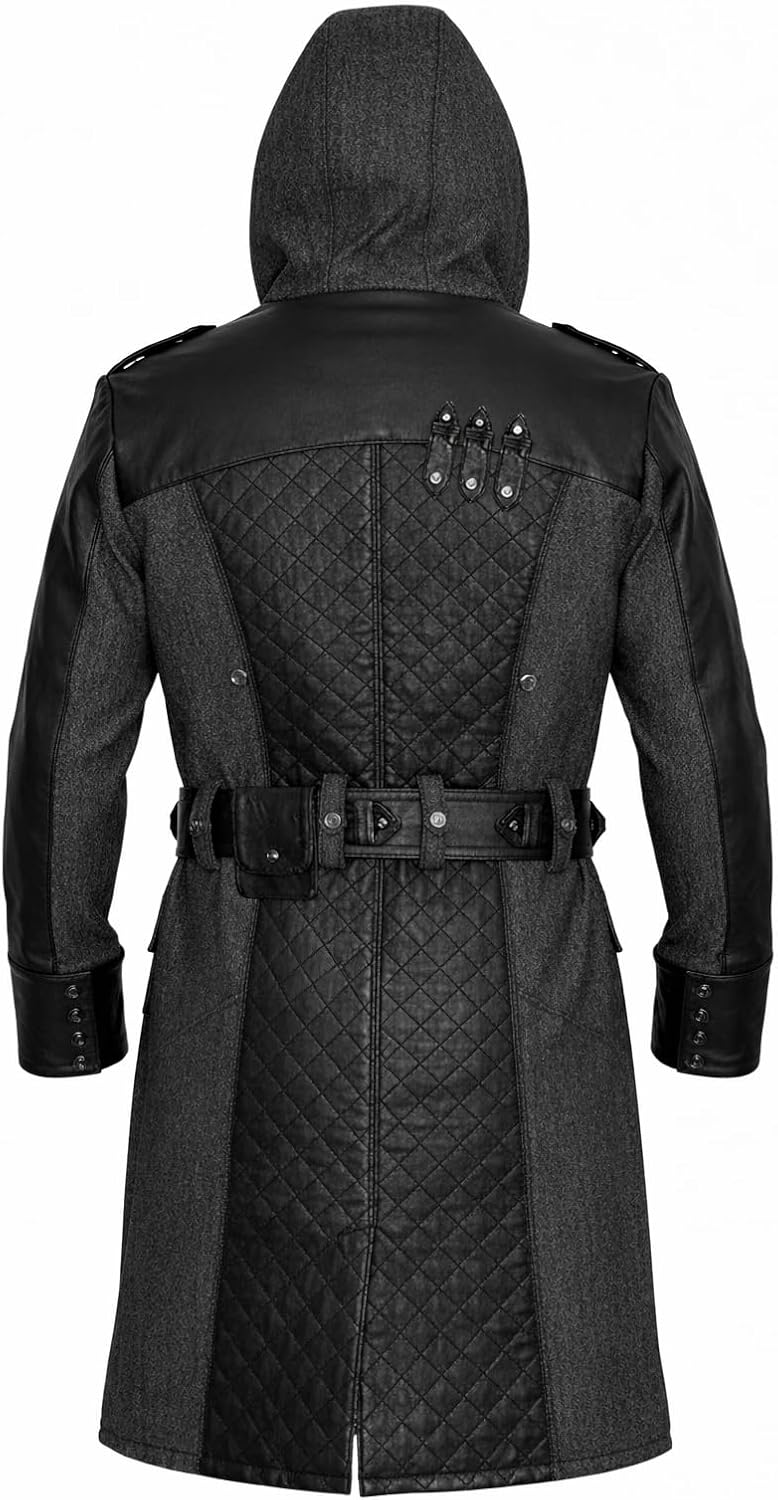 Men’s Black Hooded Wool & PU Leather Trench Pea coat - Viking Winter Gothic themed Party Outfit Cosplay Costume