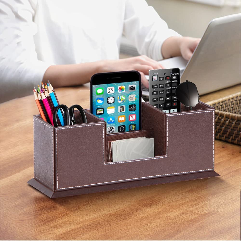 VANQUISH PU Leather Desk Organizer with 4 Compartment, Pen Stand