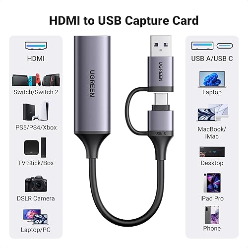 Miniatura 3 de UGREEN Tarjeta de captura Full HD 1080P 60FPS HDMI a USB ATipo C 4K Tarjeta de captura de video para transmisión, grabación, juegos, compatible con