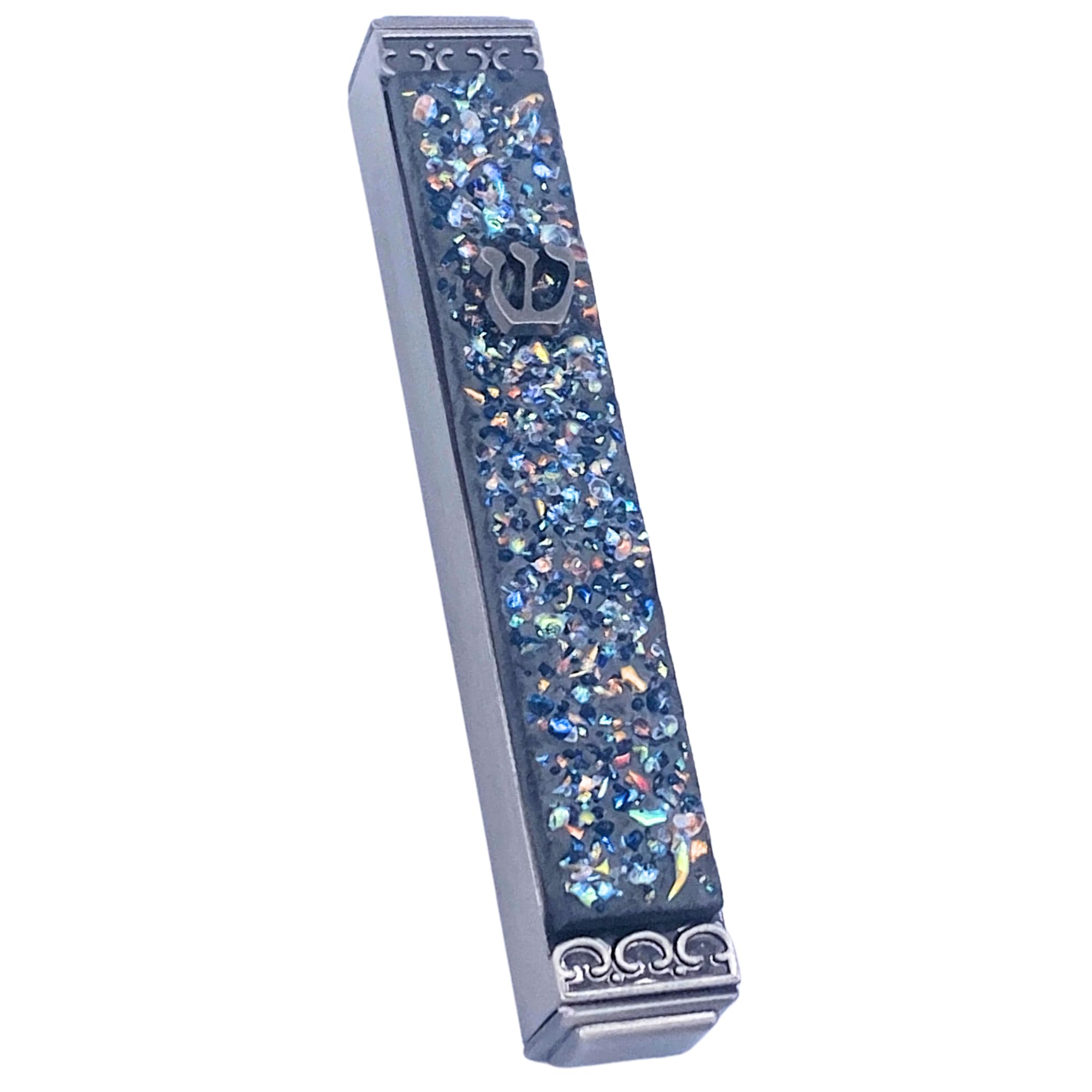 Sparkling Art Glass Mezuzah - Easy Mount Indoor or Outdoor - Weatherproof Metal Case - Gift Box and Non-Kosher Scroll Included - Hand Made in USA - Guaranteed for Life! (Steel Grey)