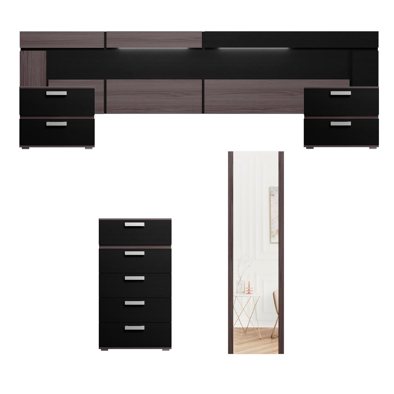 amuéblate online - Pack Dormitorio Matrimonio Completo Baros con Cabecero Leds + 2 Mesitas de Noche + Sinfonier + Espejo Mural | Colores Ceniza-Negro