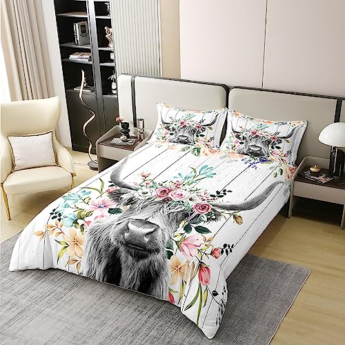 Loussiesd Highland Cow Flower 100% Cotton Duvet Cover Bull Cattle Bedding 100% Cotton Set Decor Western Funny Animal Wildlife Farmhouse Cow White Wooden Quilt Cover Room 3Pcs Double Size Zipper - Image 3
