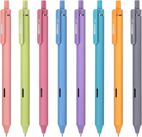WRITECH Bolígrafos de gel de punta fina bolígrafo retráctil, 8 unidades, colores de tinta vintage, 0.020 in, multicolor para escritura suave,