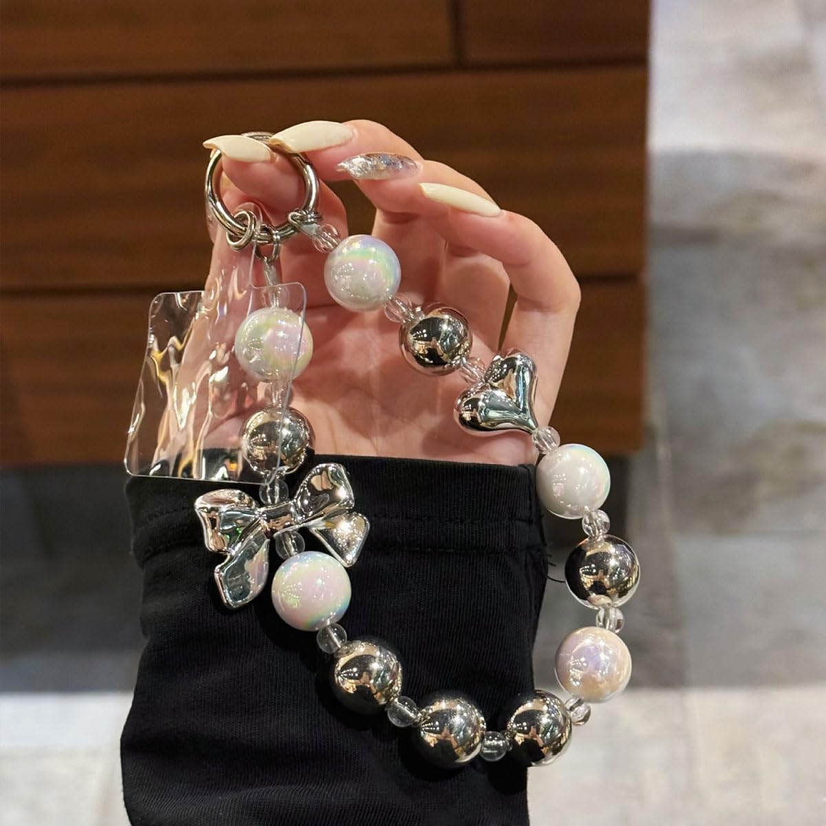 for iPhone 16 Pro Max Case with Beaded Marble Wrist Strap Super Sparkly Phone Case with Silvery Foil Glitter Rhinestone Pearl Cute Love Heart Girly Women Case for iPhone 16 Pro Max (Silver) - Image 5