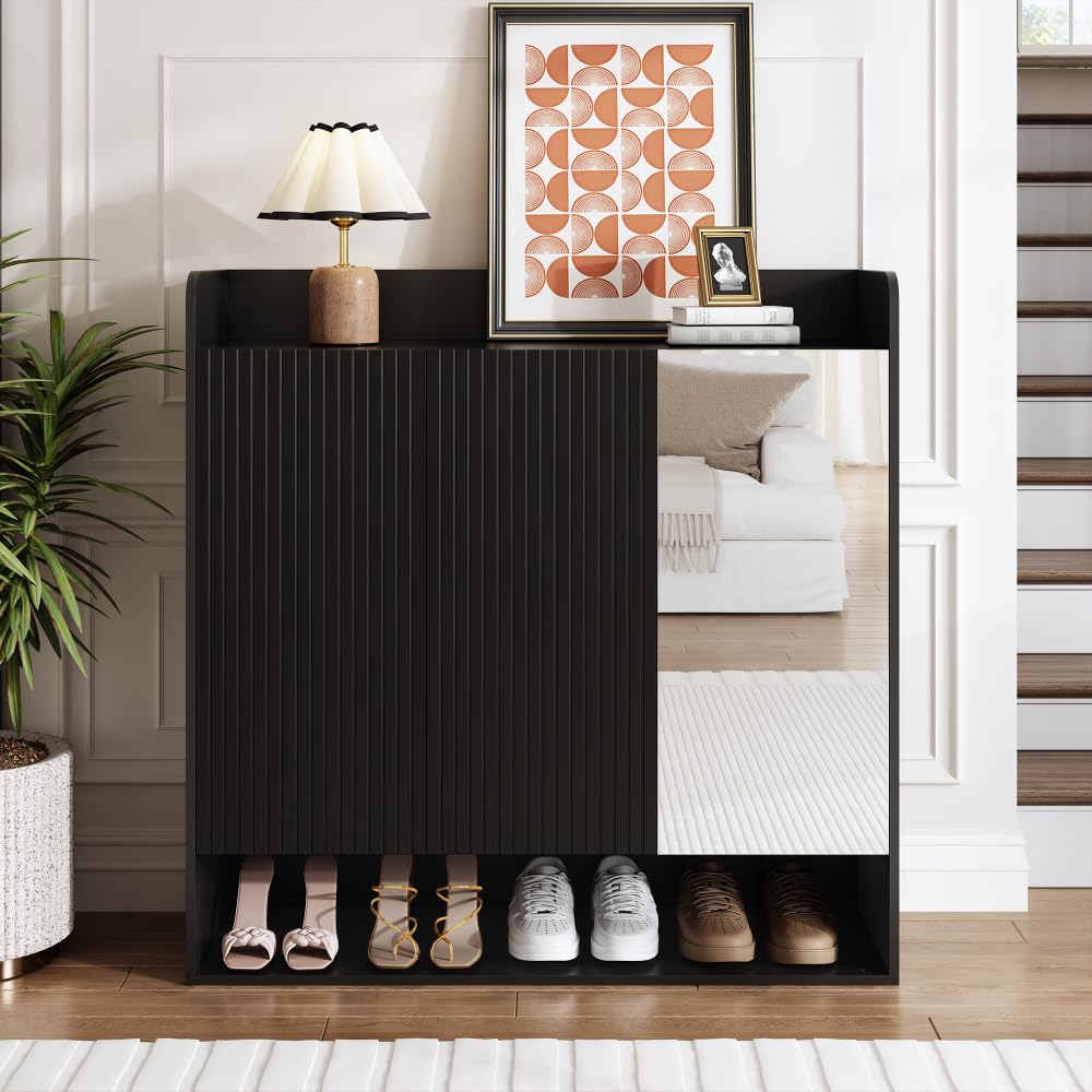 I0I&I0I Zapatero con espejo negro de varios pisos, alta capacidad, ahorro de espacio, moderno zapatero para pasillo, entrada, espacio de almacenamiento, muebles con estructura vertical