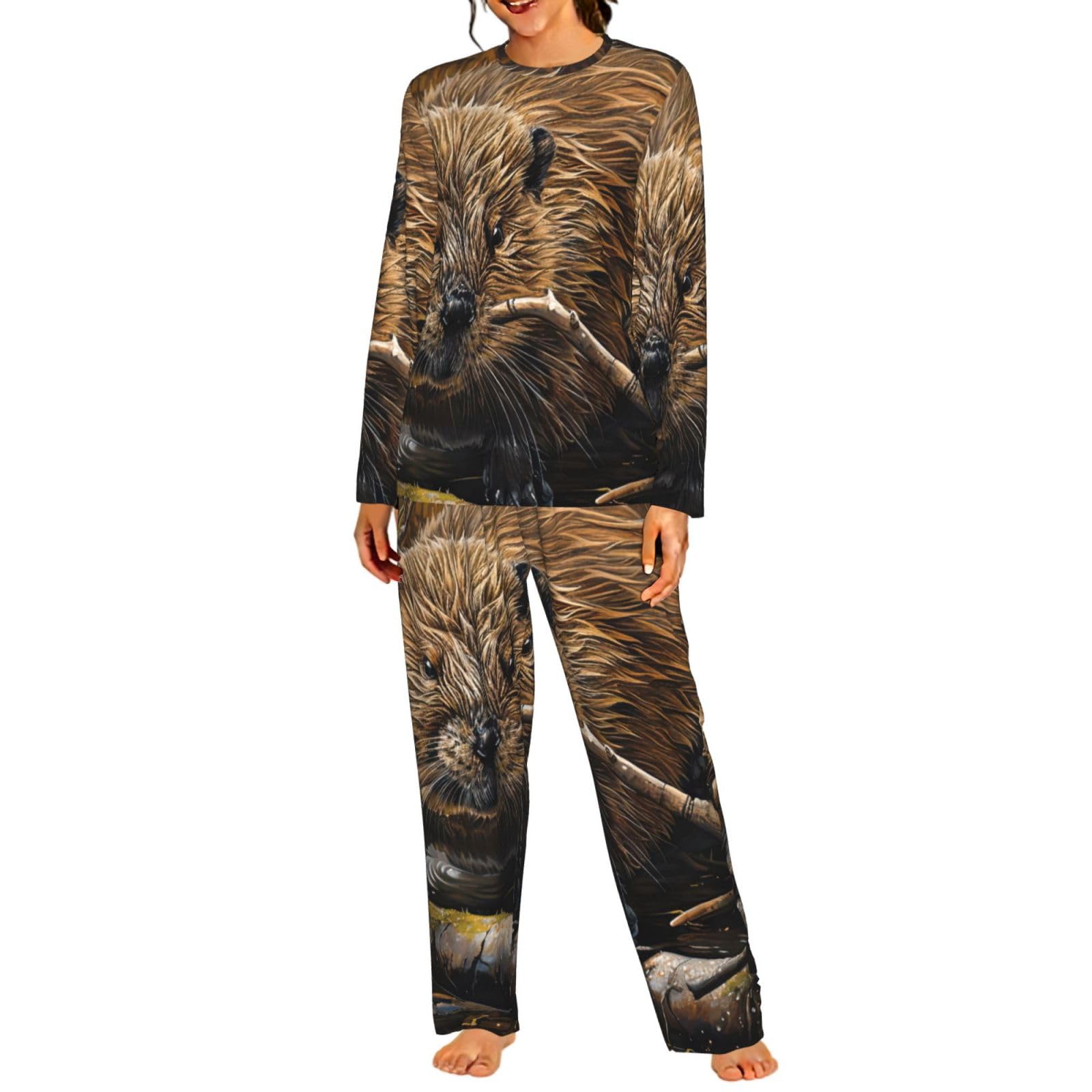 Beaver - Pigiama da donna a maniche lunghe con stampa di lavoro, morbido, per spiaggia, vacanze, abbigliamento da notte, regalo casual