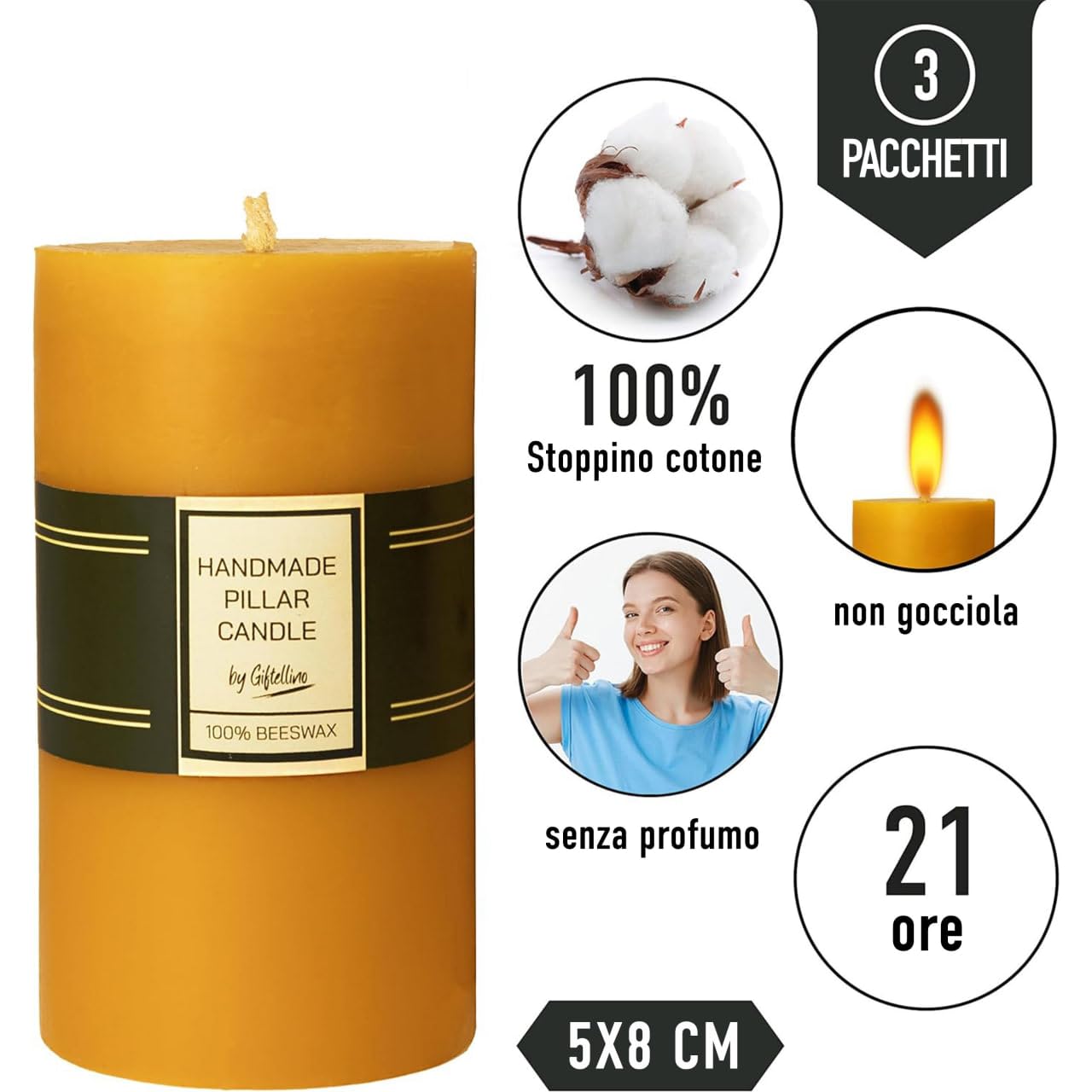 Set di 3 Candele a Colonna in 100% Pura Cera d'Api - Durata di 21 Ore - Candele a Colonna con Stoppino in Cotone - Candela Senza Profumo - Pilastri in Cera d'Api Senza Gocce - Set of 3 Pillar Candles