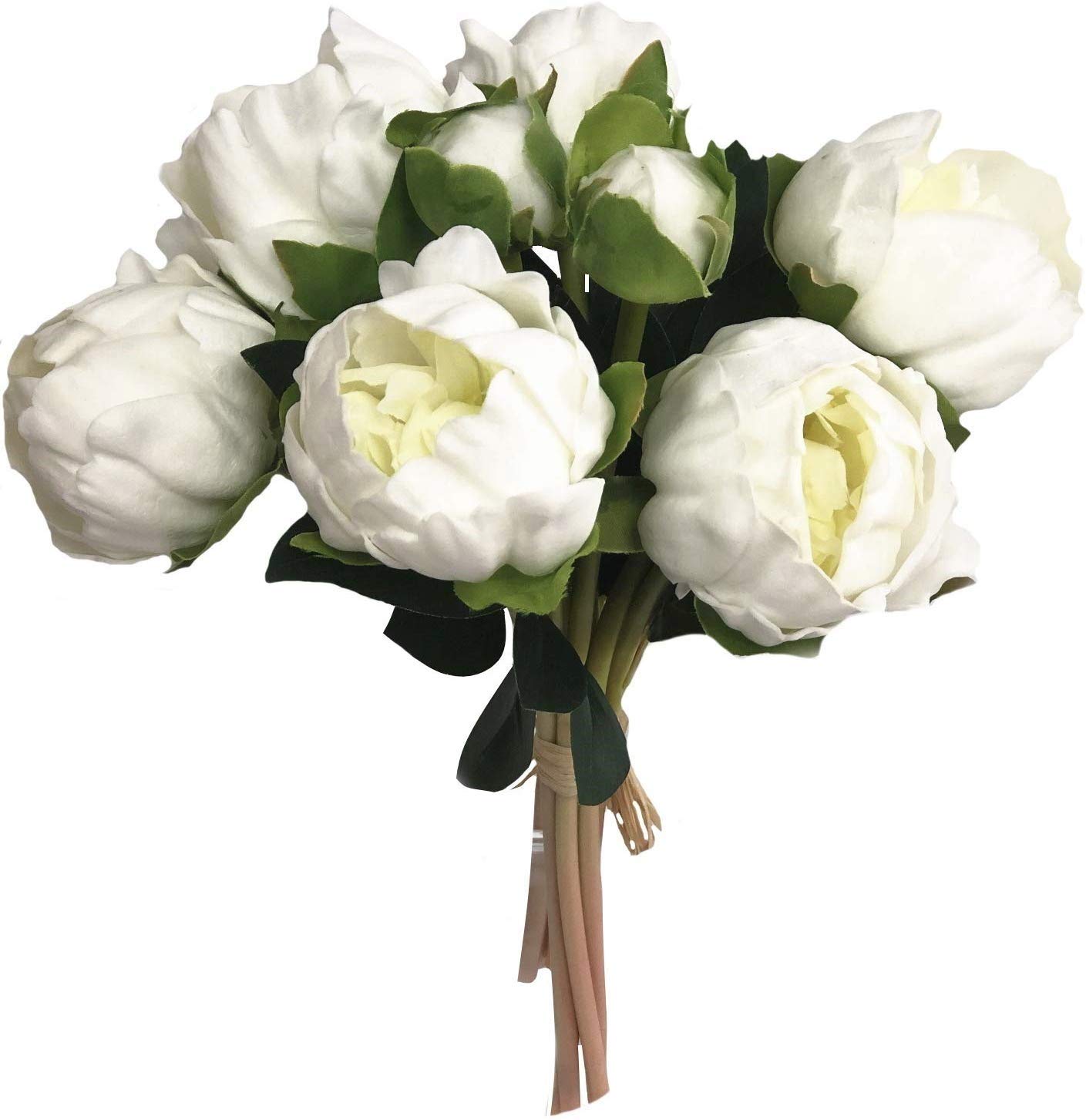 Angel Isabella, LLC Real Touch Peony Bouquet - 6 Blooms 2buds PU Life-Like Realistic Touch Artificial Flowers for Decor, Wedding, Crafts (White)