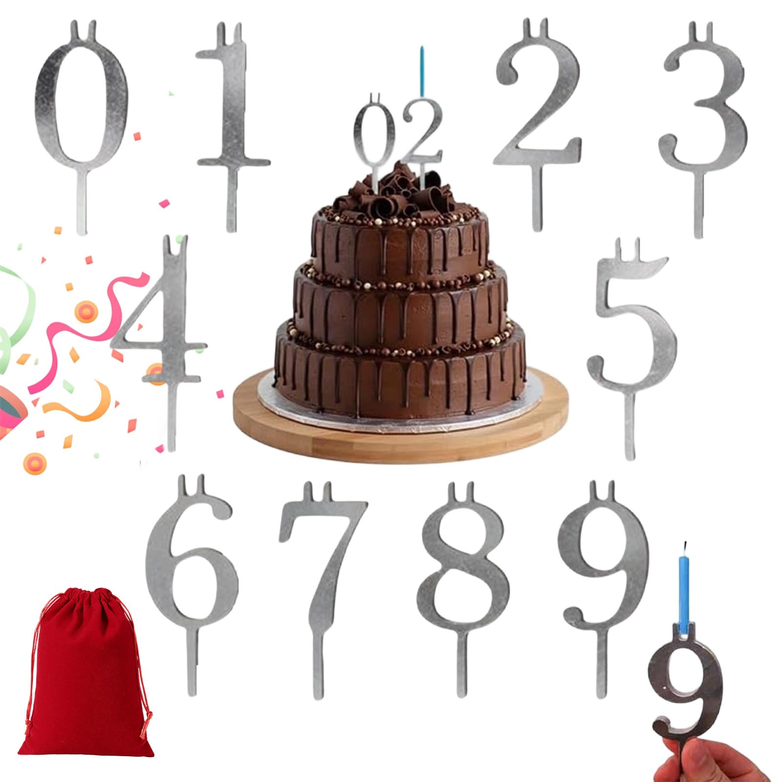Digital Birthday Cake Candle Holder Set, Reusable Stainless Steel Silver Candle Holders for Cakes Top Decoration, 0–9 Birthday Number Candles for Cakes for Birthdays Cakes Anniversaries (Silver,1 Set)