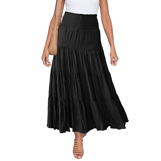 HAEOF Women's Summer Flowy Boho Maxi Skirt Trendy Smocked Waist Ruffle Tiered A Line Casual Beach Long Skirts Midi Dress
