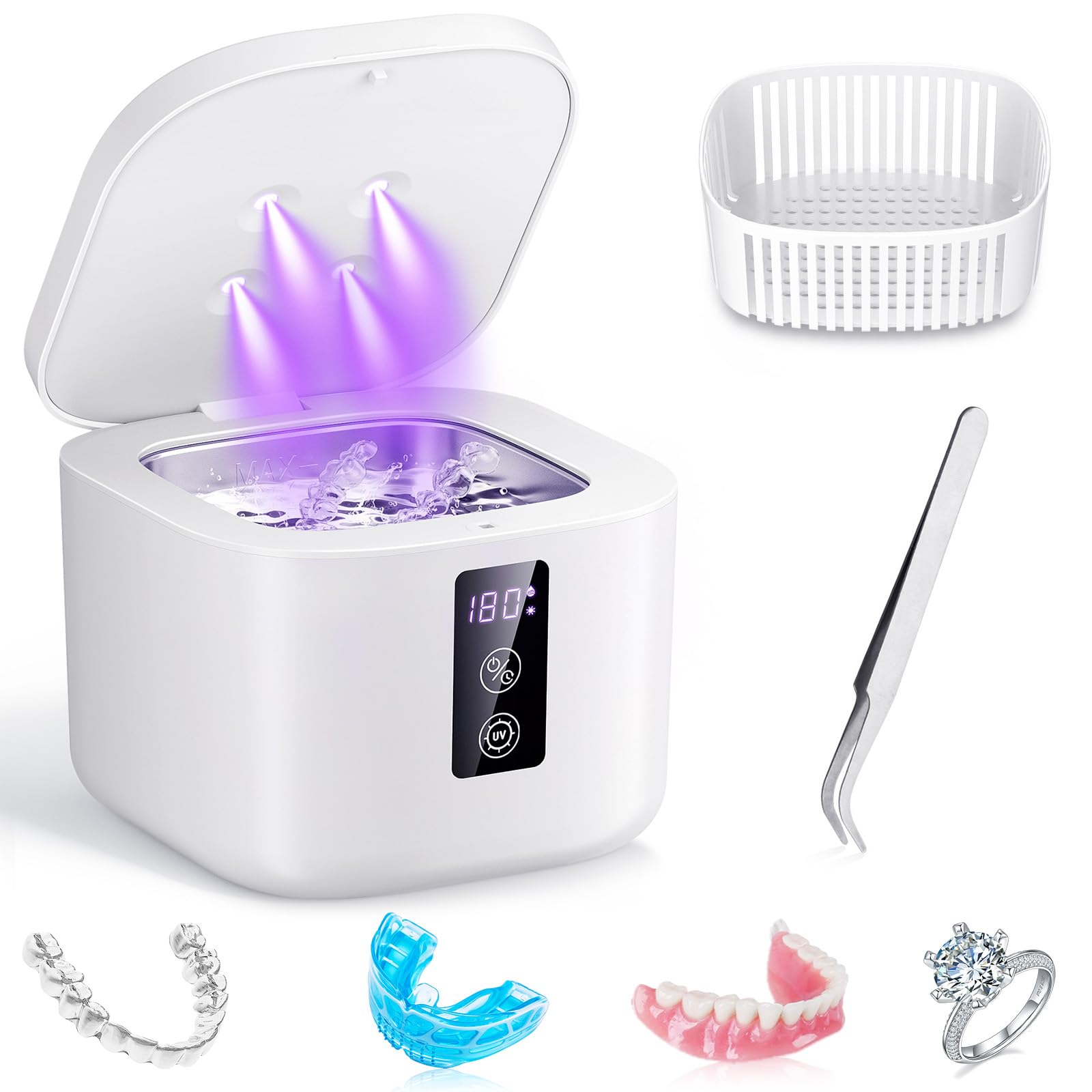 Ultrasonic Retainer Cleaner,375 ML Ultrasonic Cleaner,48kHz Retainer Cleaner Machine with 3 Modes Digital Timer for Denture Cleaner, Aligner,Braces,Toothbrush Heads,Jewelry White
