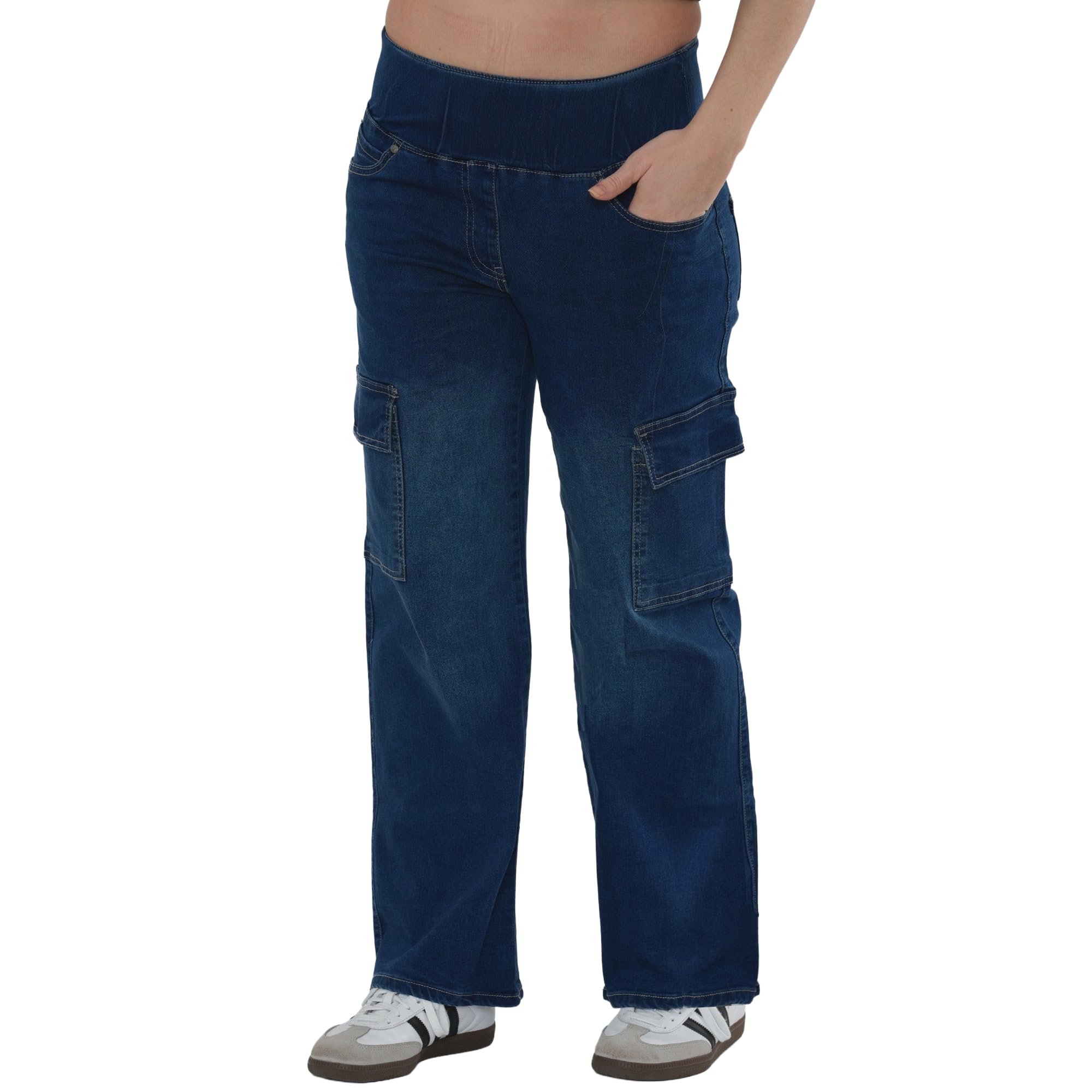 MYT Women’s Tummy Control Wide Leg Cargo Jeans Ladies Baggy Loose High Waisted Stretch Denim Pants Mid Stonewash Blue 22 Short