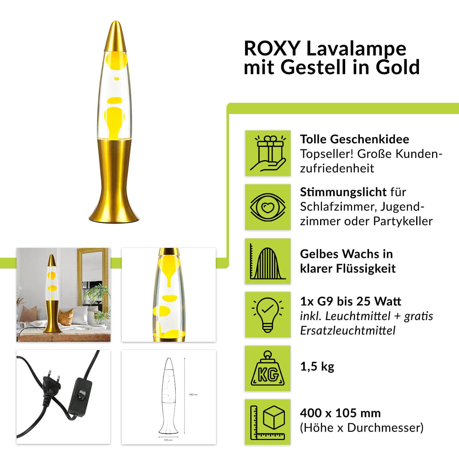 Lampada Lava Con Effetto Glitter Oro - Altezza 40 Cm, Con Lampadina G9 Inclusa, Per Camera O Soggiorno - Foto 5