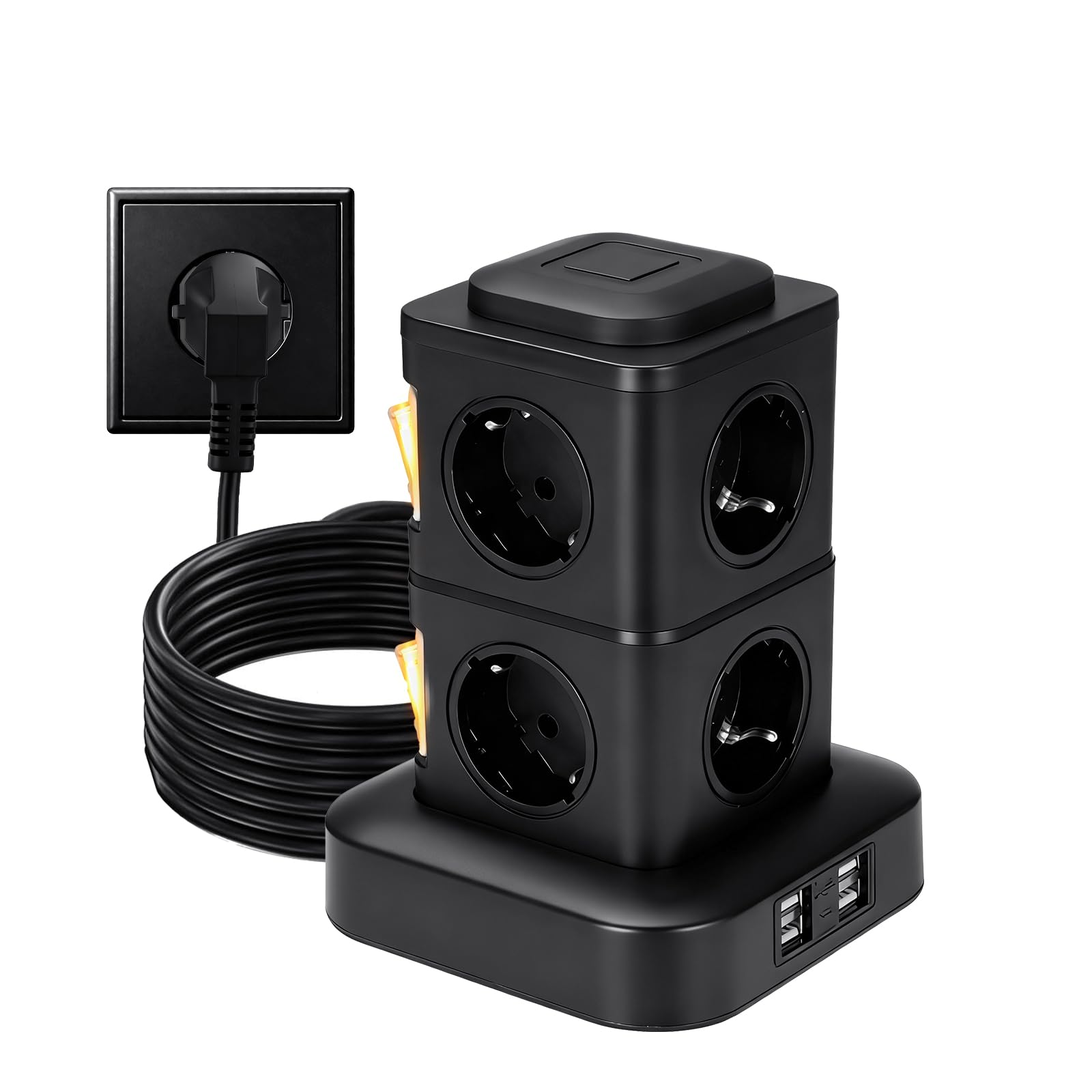 Torre Regleta Enchufes 8 Tomas AC y 4 USB Enchufe Multiple 2500W/10A Regleta Enchufes Protección contra Sobretensión Regreltas Vertical 3metro con Interruptor para Oficina y Hogar