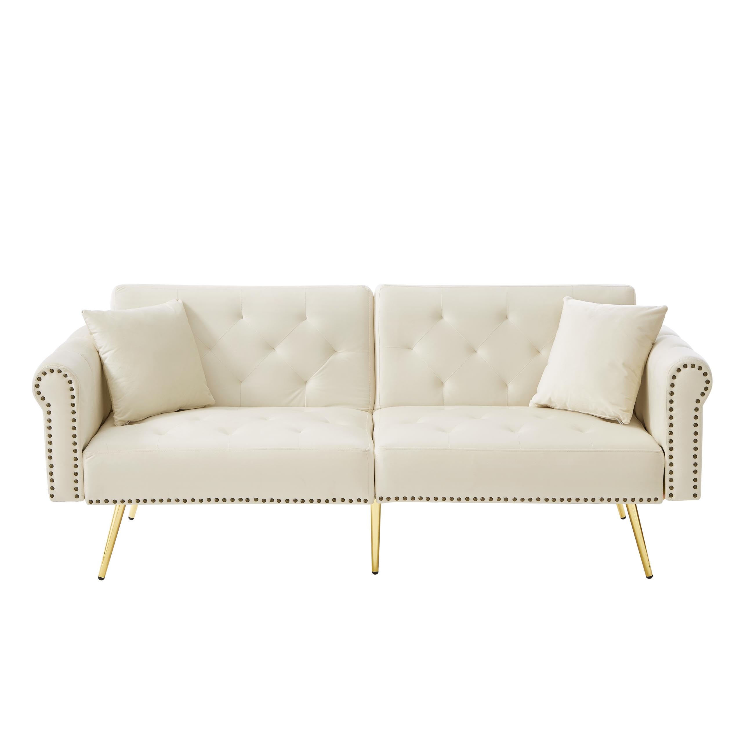 Divano Moderno a 2 Posti, Divano Letto in Velluto Beige, Schienale Regolabile a 3 Livelli, Piedini in Metallo Dorati, Ideale per Piccoli Spazi