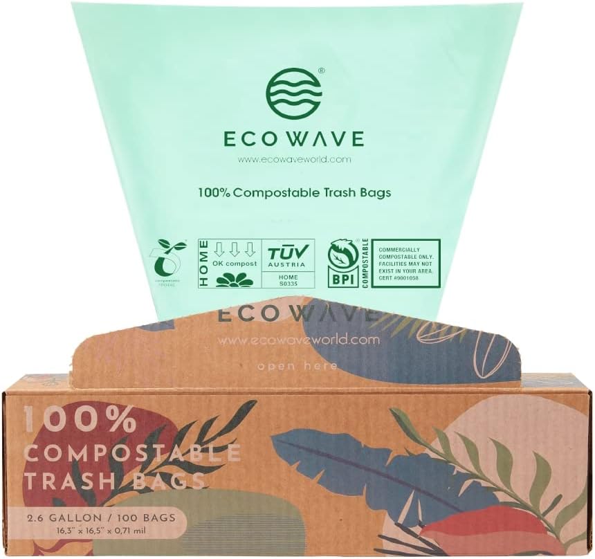 ECO WAVE 100% Compostable Trash Bags, 2.6 Gallons, 100 Bags, ASTM D6400, EN 13432, US BPI and Europe OK Compost Home Certified Biodegradable