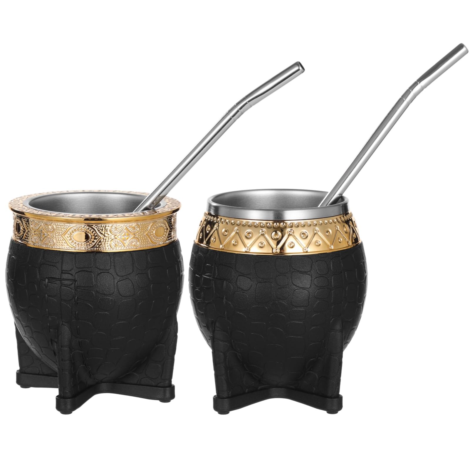 SWEWARM 2 Pcs Stainless Steel Yerba Mate Cup Set, Black Rubber Body, 180 ml Wide Mouth & Narrow Mouth, Quality Stylish Stainless Steel Straw, Gold Accents, Ideal for Traditional Mate Tea Drinking
