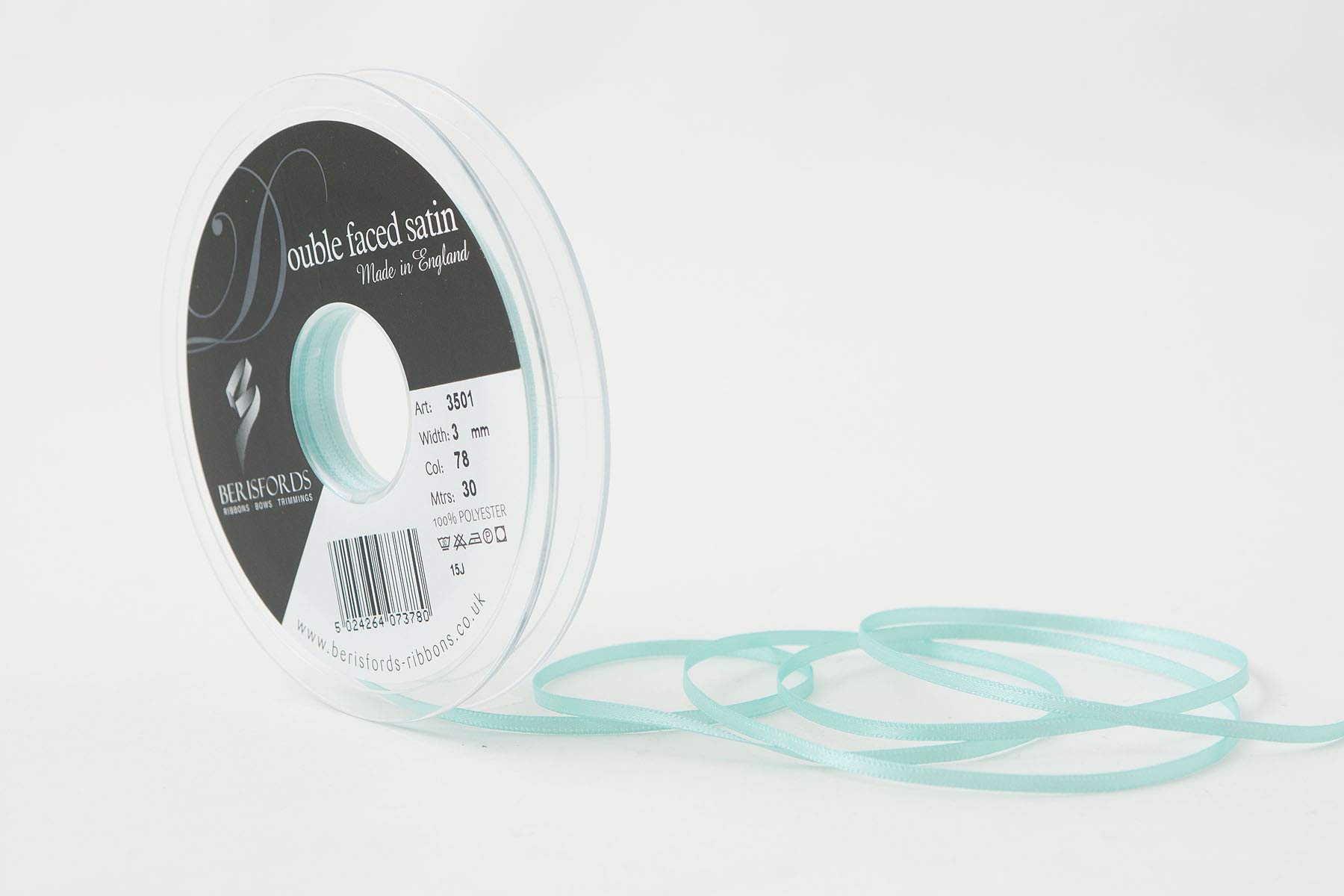 Berisfords Double FACE Poly Satin Ribbon, Aqua, 3 mm
