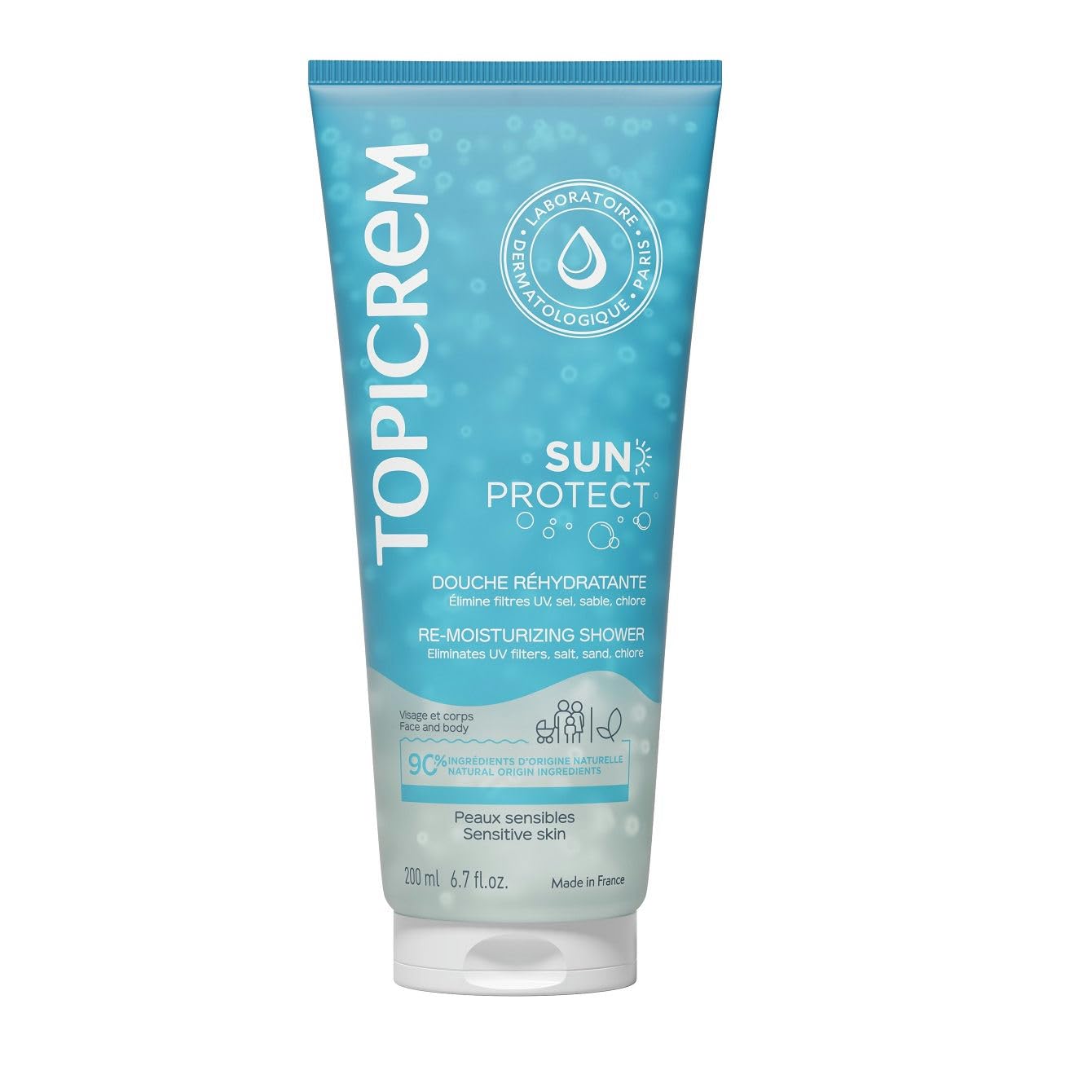 Topicrem - Sun Protect, Douche Réhydratante - Nettoie, Hydrate, Nourrit, Apaise la Peau, Élimine les Résidus de Protection Solaire - Soin Peaux Sensibles - Gel Douche Après-Soleil - 200 ml