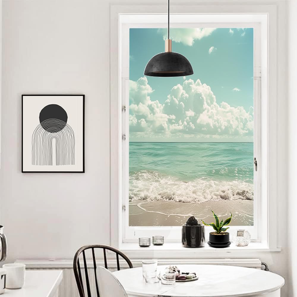 Modern Ocean View Buntglas-Fensterfolie, natürlicher schöner Strand, Retro, dekorative Milchglas-Sichtschutzfolie, Wärmeregulierung, statische Haftung, Fensteraufkleber, 90 x 140 cm