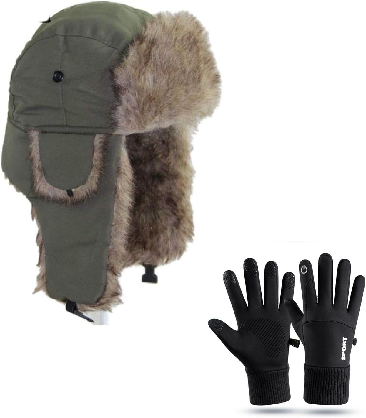 ASWER Warm Trapper Trooper Hat Winter Skiing Cap Gloves Set Touch Screen Women Men
