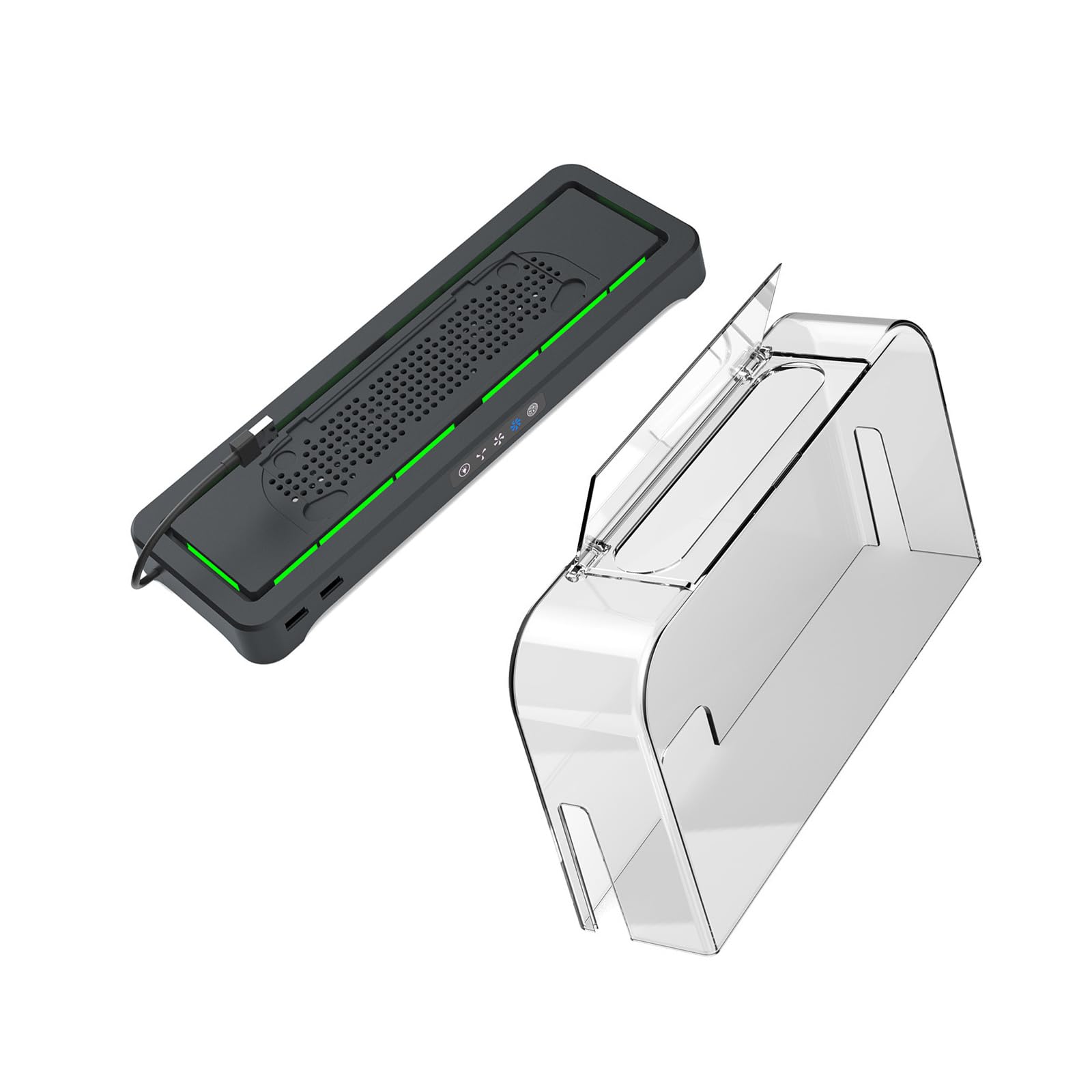Durchsichtiger Gaming Konsolen Abdeckungsständer mit Kühlventilator, beleuchteter Basis, Desktop Halterung für Spieler Schreibtisch Setup Bereich und Aufbewahrung, Lüfterbasis, Konsolenhalter