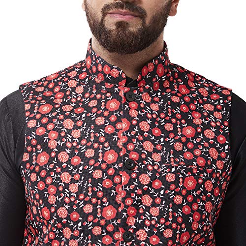 Image of SOJANYA (Since 1958 Men's Silk Blend Black Kurta Pyjama & Printed Nehrujacket Combo