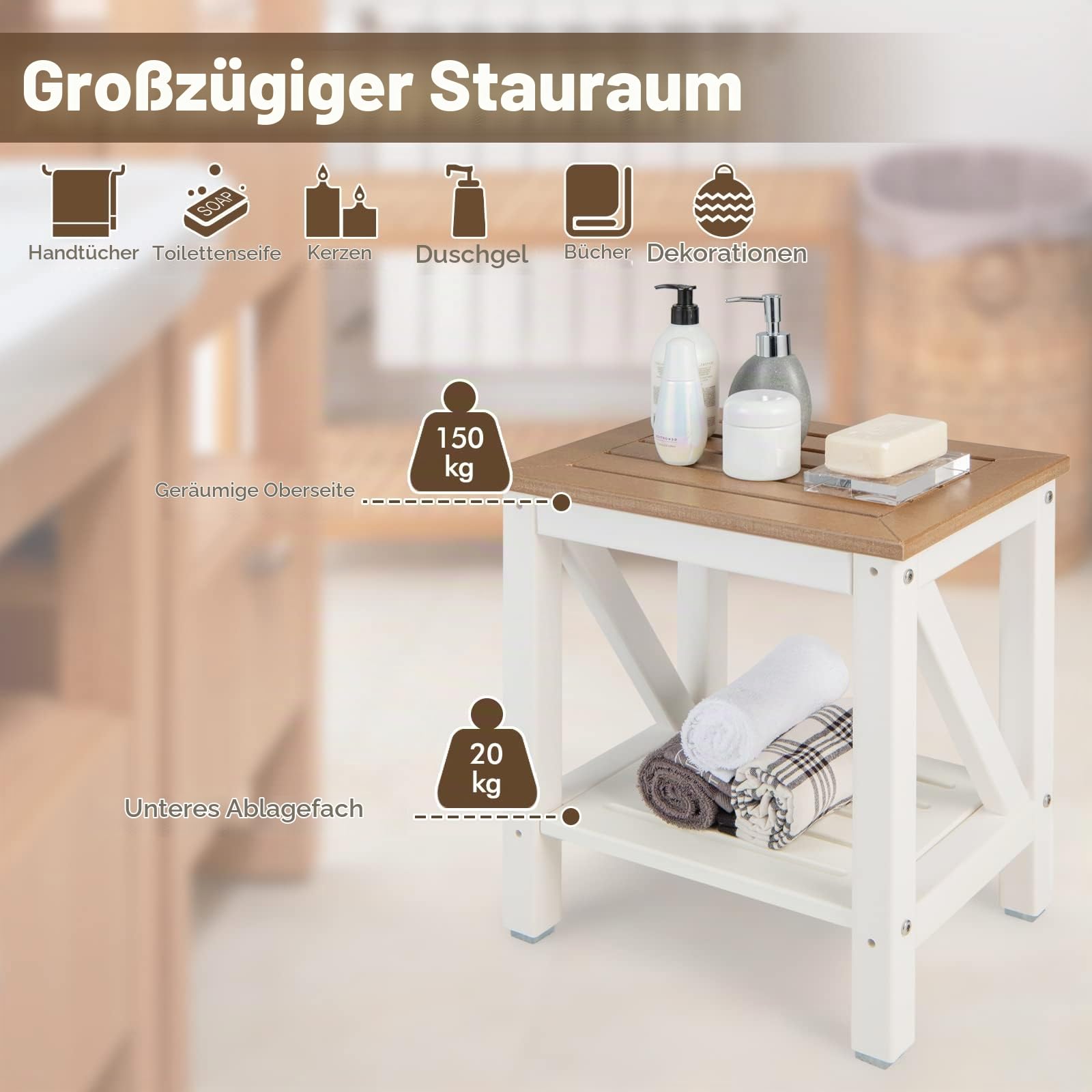 RELAX4LIFE Duschbank mit Ablage, Badhocker mit Rutschfesten Füßen, Duschstuhl bis 150 kg Belastbar, Sitzbank Wasserdicht, Badezimmerbank für Alte Schwangere, Weiß+Braun (43 x 32 x 47 cm)