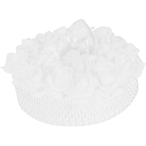 TOPINCN Wedding Ring Pillow Ribbon Bowknot CakeShaped Pearl Rose Ceremony Supplies White Rhinestone Decoration Ring Cushion Bearer Box Jewery Case Ceremony Gift (5905)