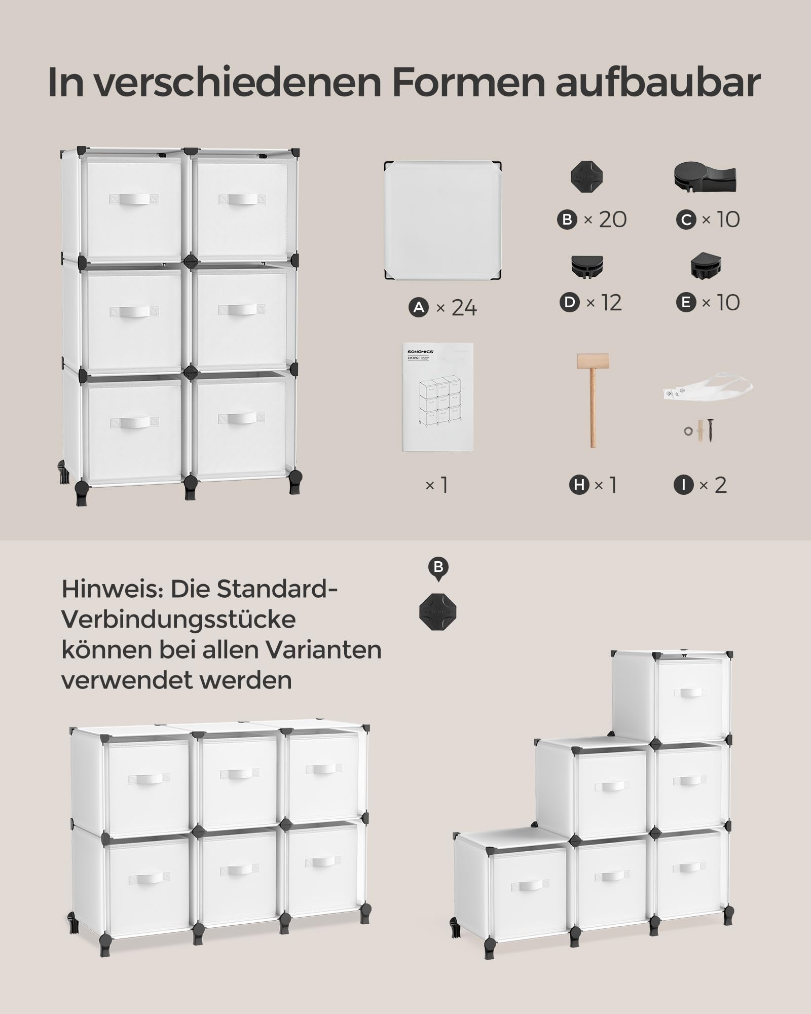SONGMICS Würfelregal mit 6 Boxen, Regalsystem, Aufbewahrungsregal mit 6 Würfeln, DIY, erweiterbar, platzsparend, Schlafzimmer, weiß LPC062W06