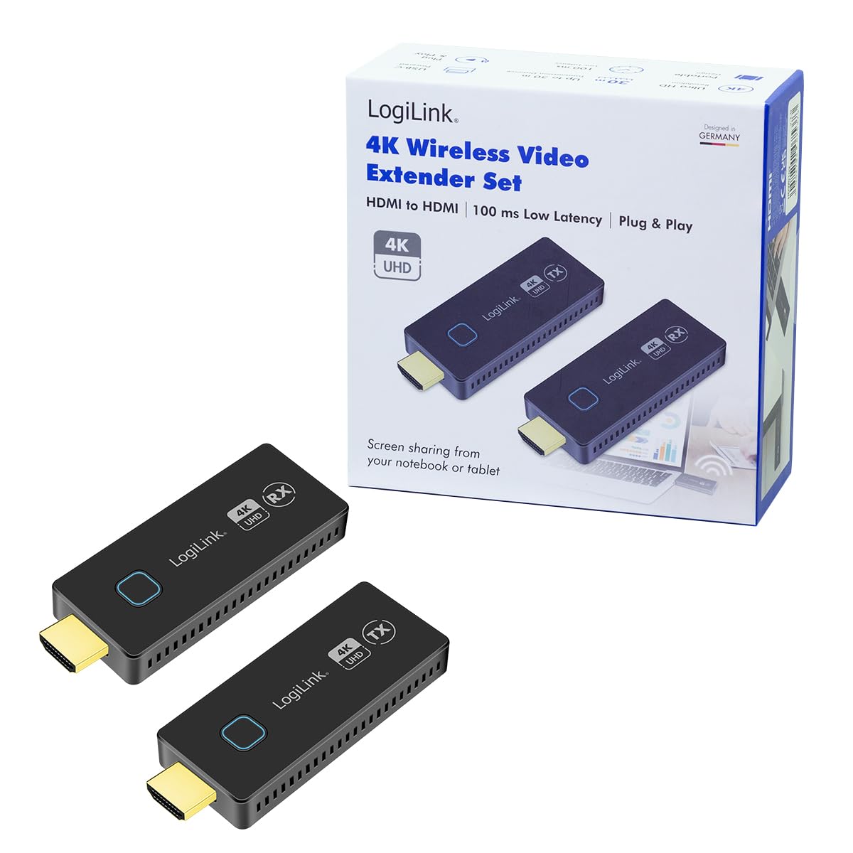 LogiLink HDW0102 - zestaw do transmisji HDMI, kompaktowy, bezprzewodowy, 30 m, 1zu1, 4K 60 Hz, wyświetlanie i udostępnianie danych/wideo na telewizorze za pomocą WLAN HDMI