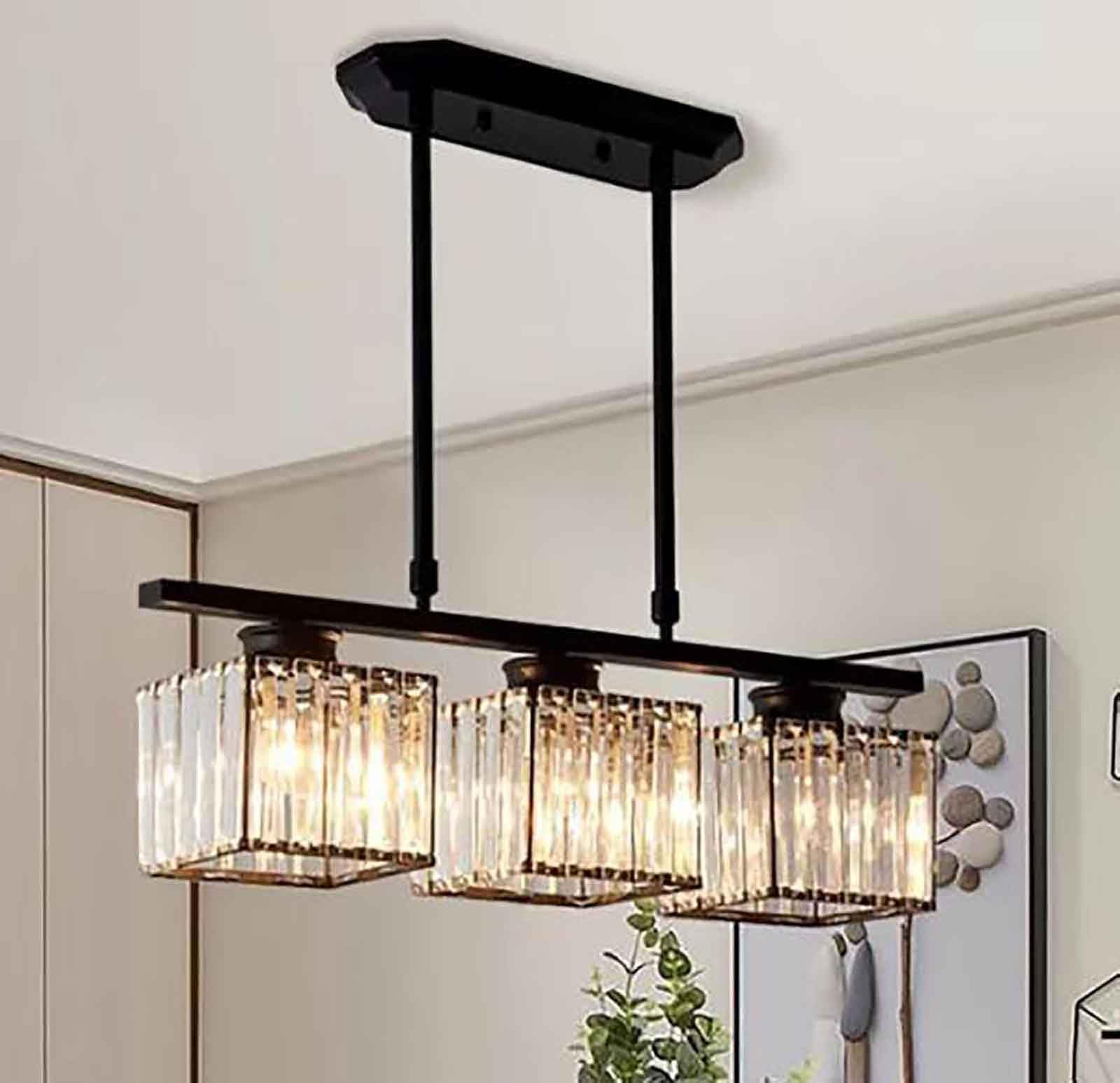 LYMSXAZOU Modern Crystal Chandelier Pendant Light, Black and Gold Ceiling Light for Kitchen Island, Dining Room, Living E27 Cluster Lighting Fixture,3 Lights,Black