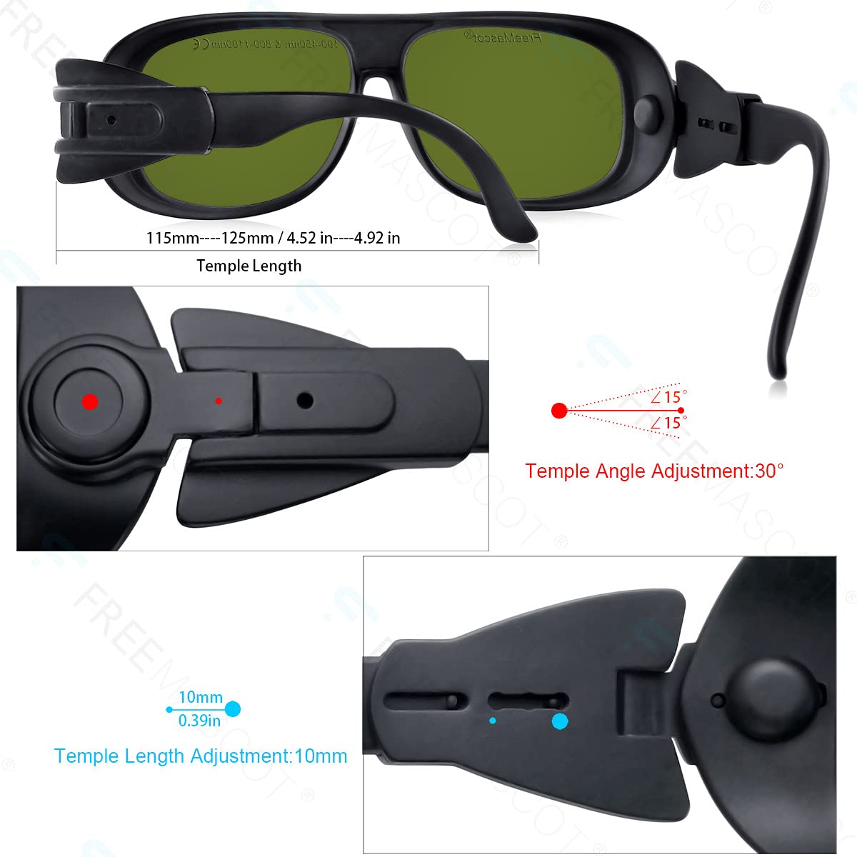 FREEMASCOT Professionelle Laserschutzbrille OD 8+, 190 nm-450 nm/800 nm-1100 nm, Wellenlänge, für typische 405 nm, 445 nm, 808 nm, 980 nm, 1064 nm, 1080 nm Laserlicht