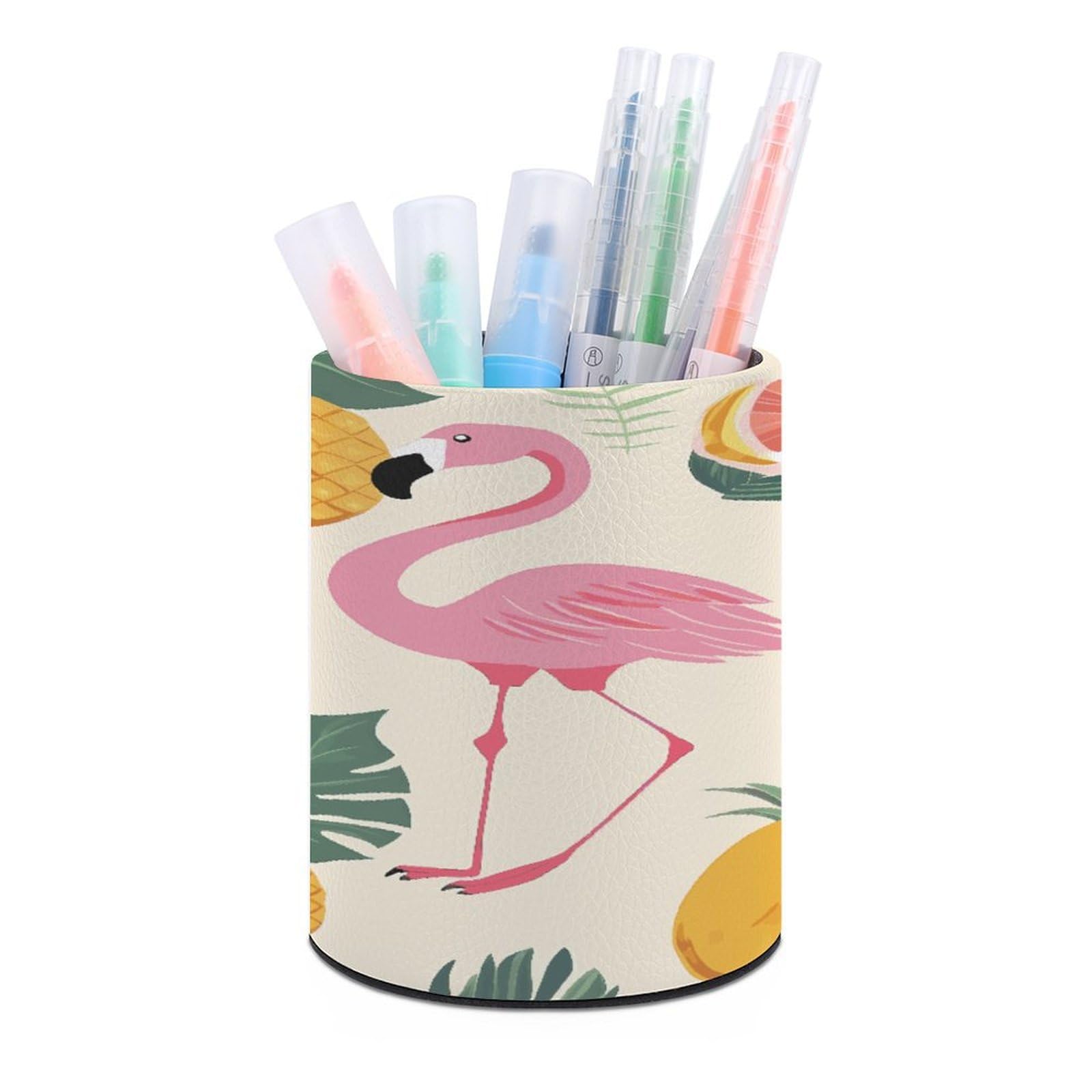 JTREHY - Flamingo Pineapple Round Pen Holder Makeup Brush Holder PU Leather Stationery Organizer Office Accessories Container Box