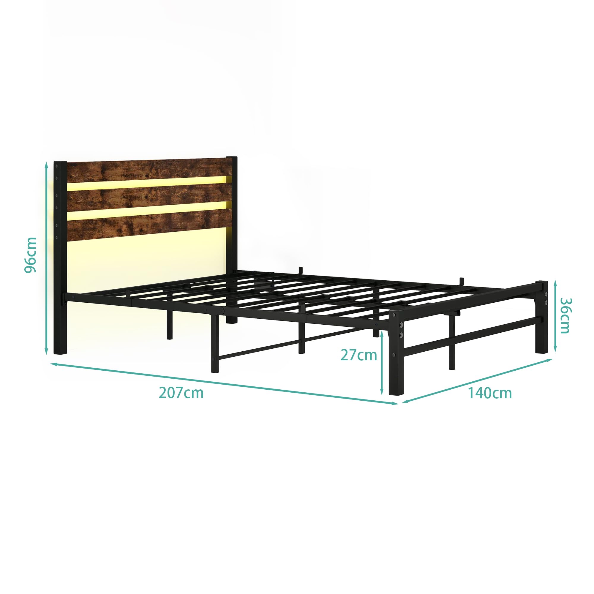 Marco de cama de 140 x 200 cm con cabecera, marco de cama de metal, soporte de capa de acero fuerte, almacenamiento bajo la cama, no requiere muelle, sin ruido, fácil montaje, marrón antiguo