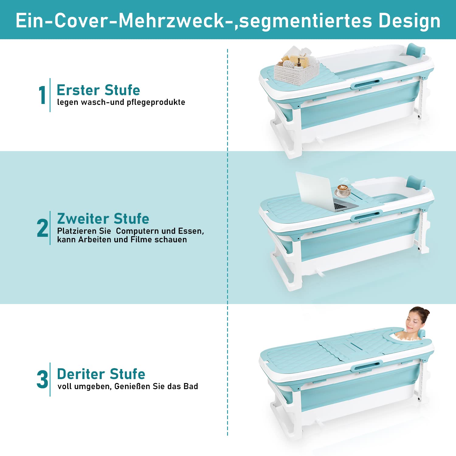 Fiqops Vasca da bagno pieghevole per adulti, XXL, 149 x 60 x 50 cm, pieghevole, con copertura per vasca da bagno, doccia e balcone