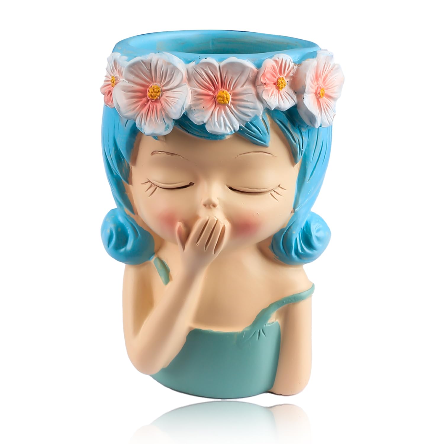 Bojueshaw Girls Blue Face Planter Pot,Resin Human Head Planter,Small Cute Face Succulent Pots,Succulent Plant Pot For Indoor Outdoor Cacti Home Garden(Blue)