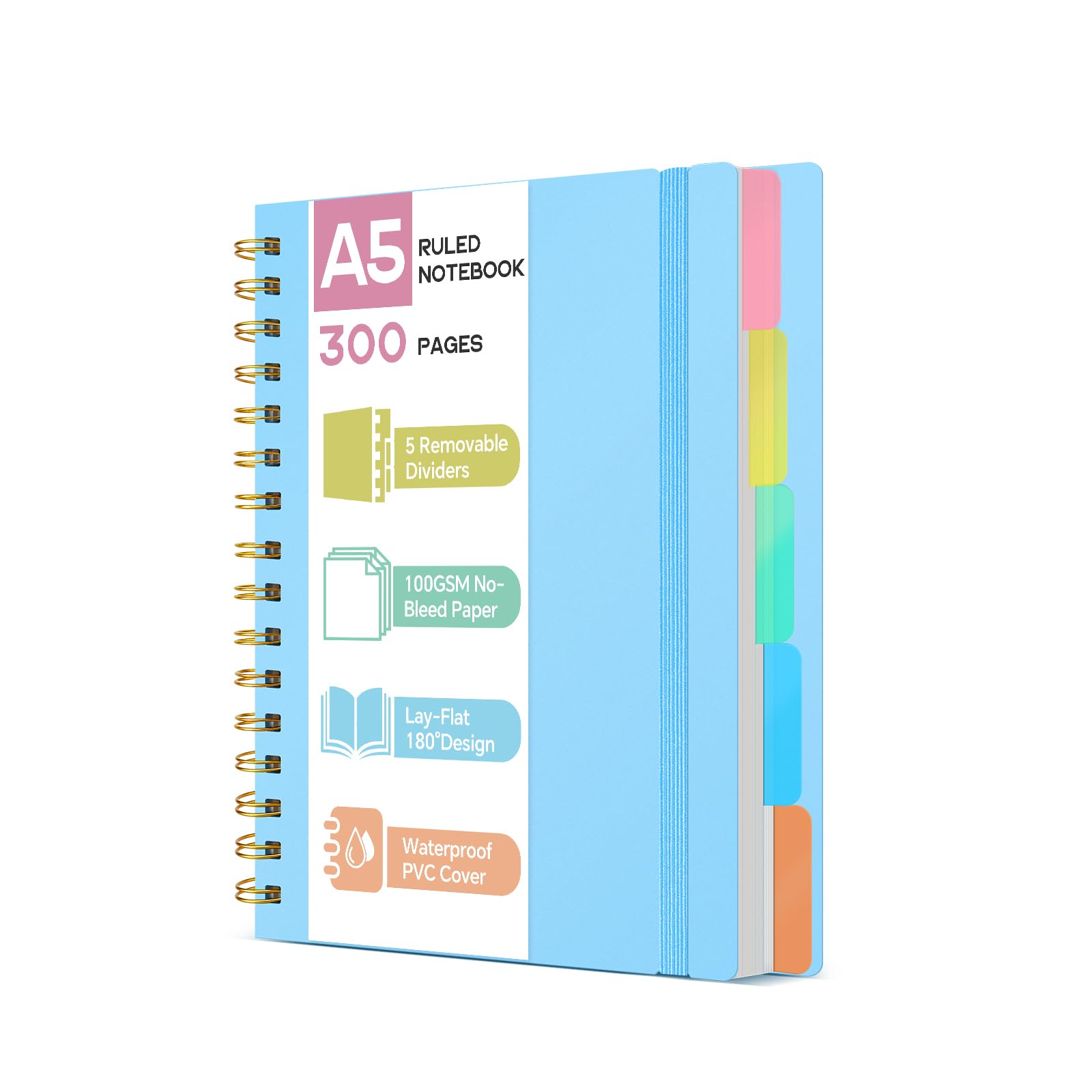 Taccuino A5 con Separatori - Carta 100g/m² Anti-Trasparenza, 300 Pagine, Copertina Rigida in PVC, Rilegatura a Spirale per Scuola, Ufficio e Regali