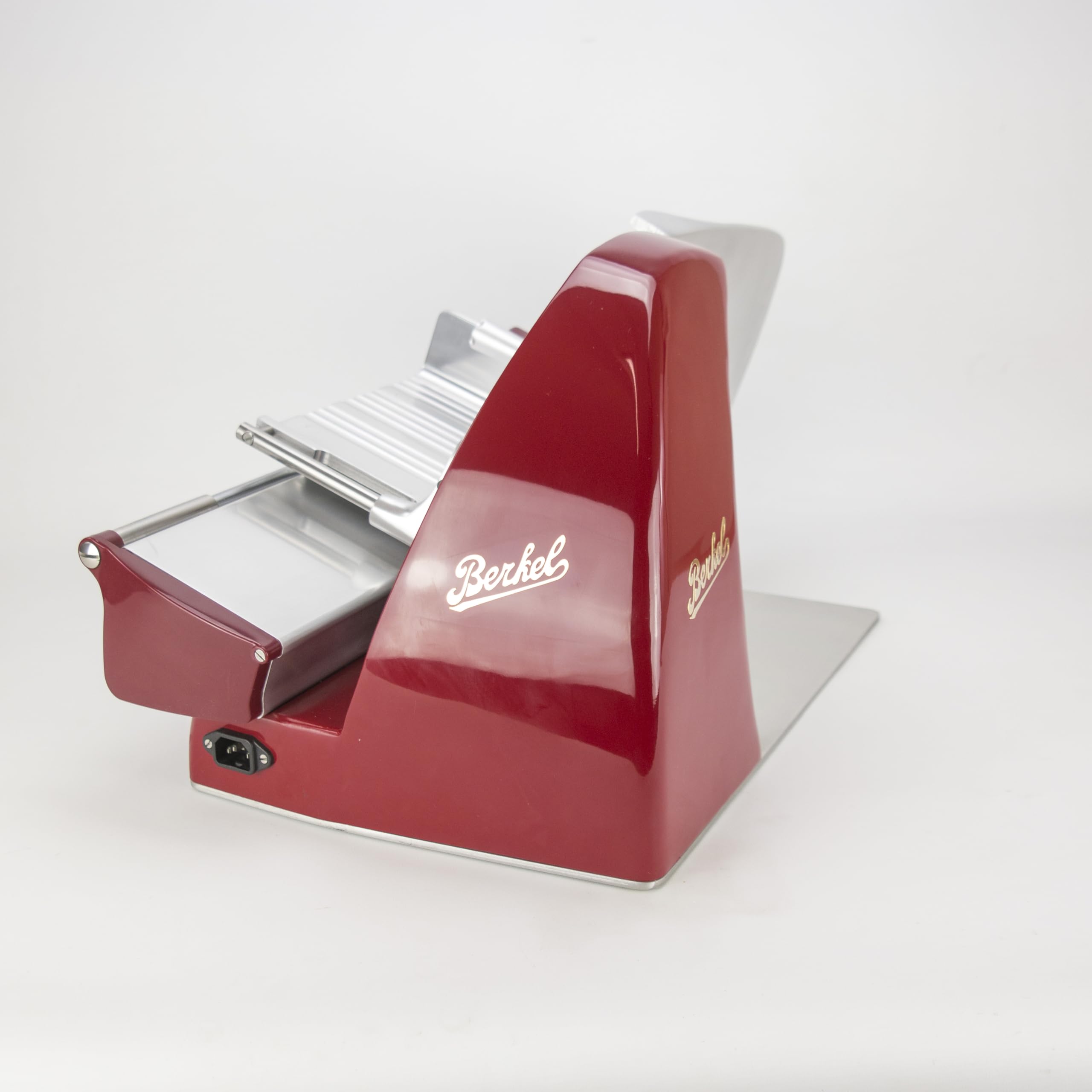 Berkel Home Line 250, affettatrice Premium in Rosso + apposita tavola di appoggio in legno di botte, offerta speciale della macchina da taglio