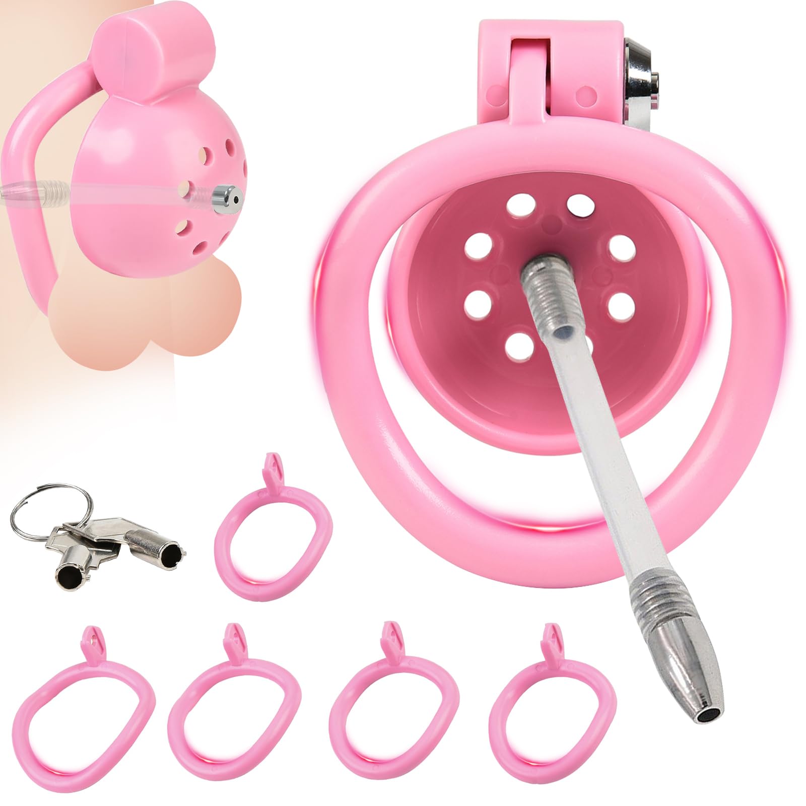 BDSMJOY Chastity cage con 4 cock rings et Dilatatore uretrale cavo, Gabbia per il pene per una facile minzione, Male uomo pene Cock cage Sex Toys per Prevenire L'erezione (Rosa)