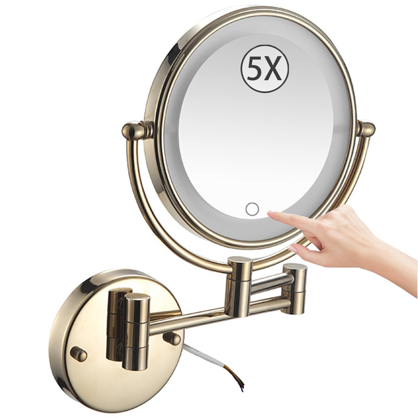 SXFSDOU 8" Wall Mounted Lighted Makeup Mirror, Stepless Dimming Hardwired Magnifying Vanity Extendable 360° Swivel LED Bathroom Mirror,Gold,5X