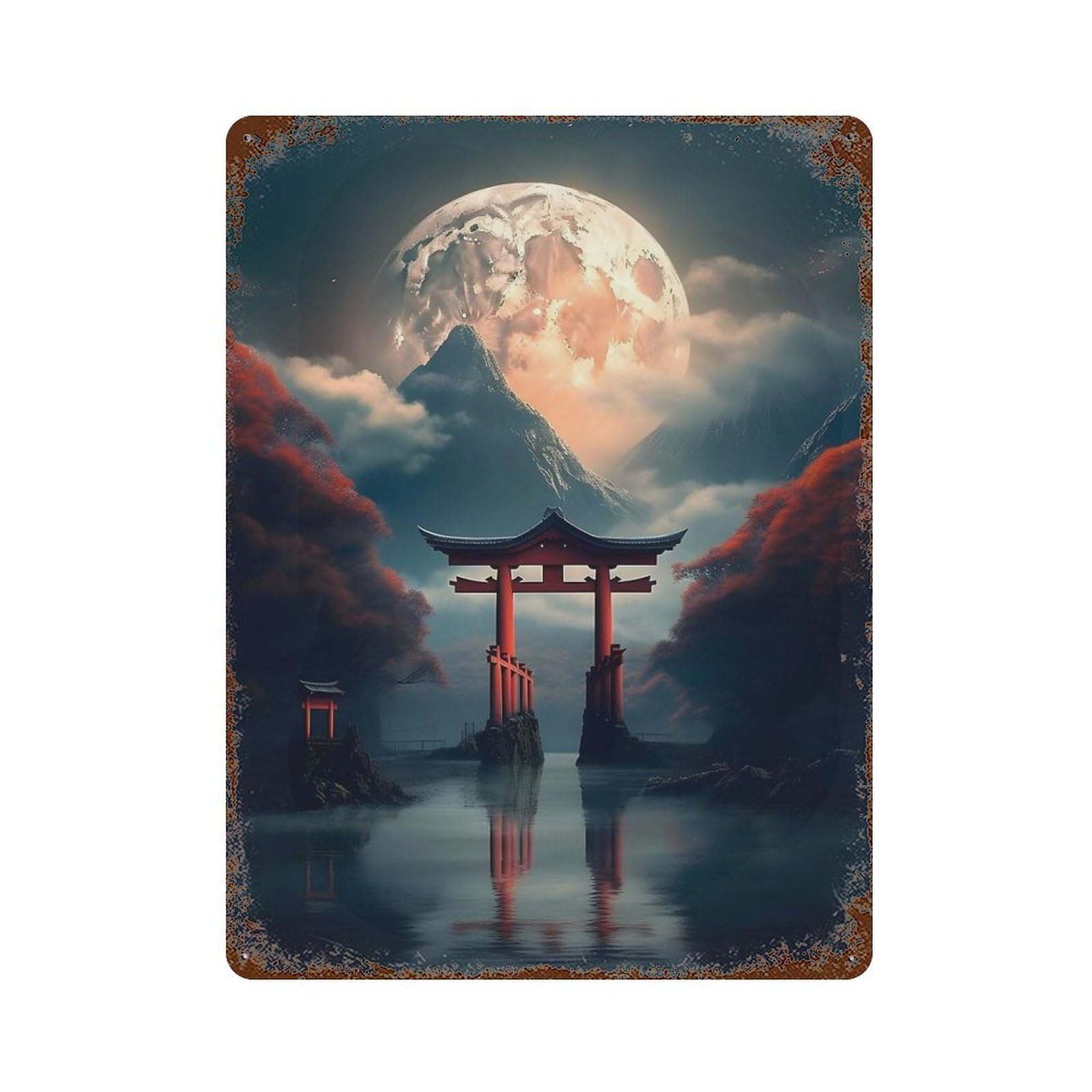 Garage Style Japanese Torii Gate Moon Aged Metal Wall Plaque 15.7"x11.8", Decorative Metal Wall Art for Bar And Workshop