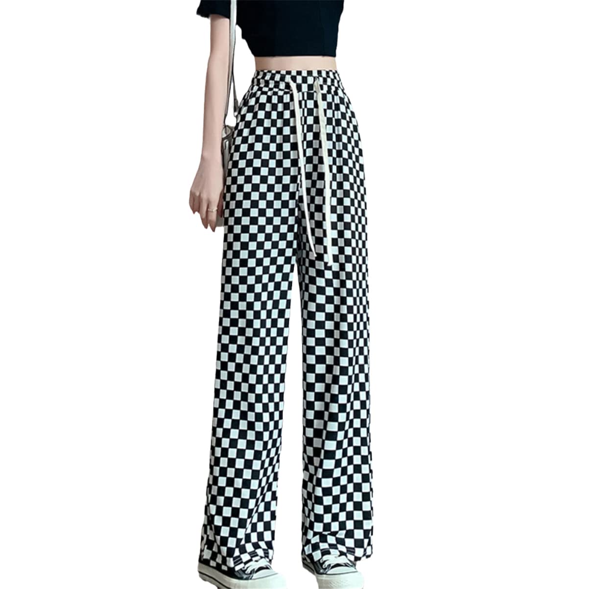 Small Size Plaid Thin Pants Women Summer High-Waisted Loose-Fitting Straight Trousers